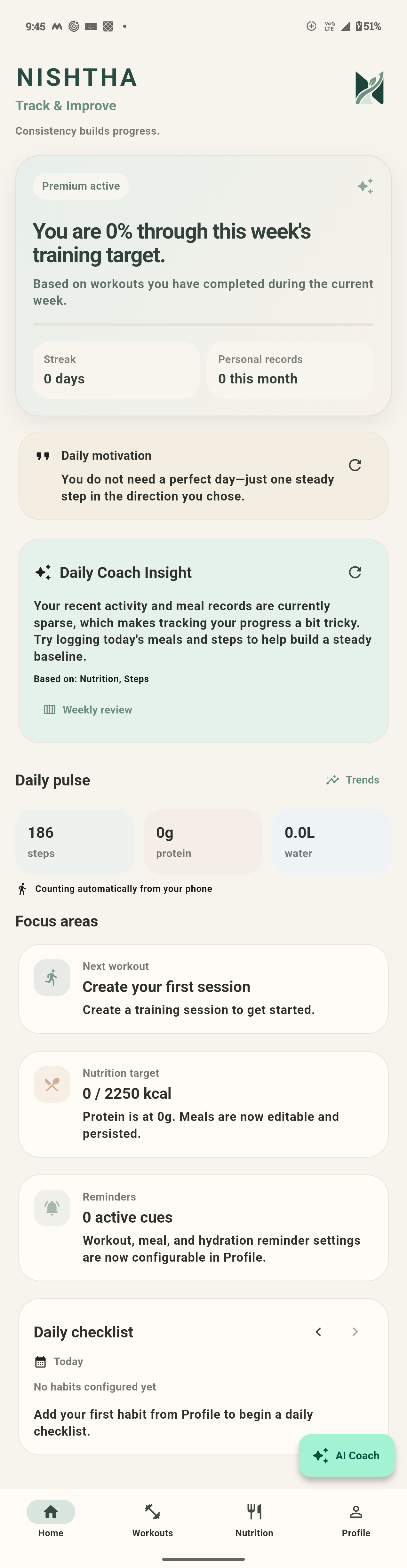 Home dashboard with weekly training and daily pulse