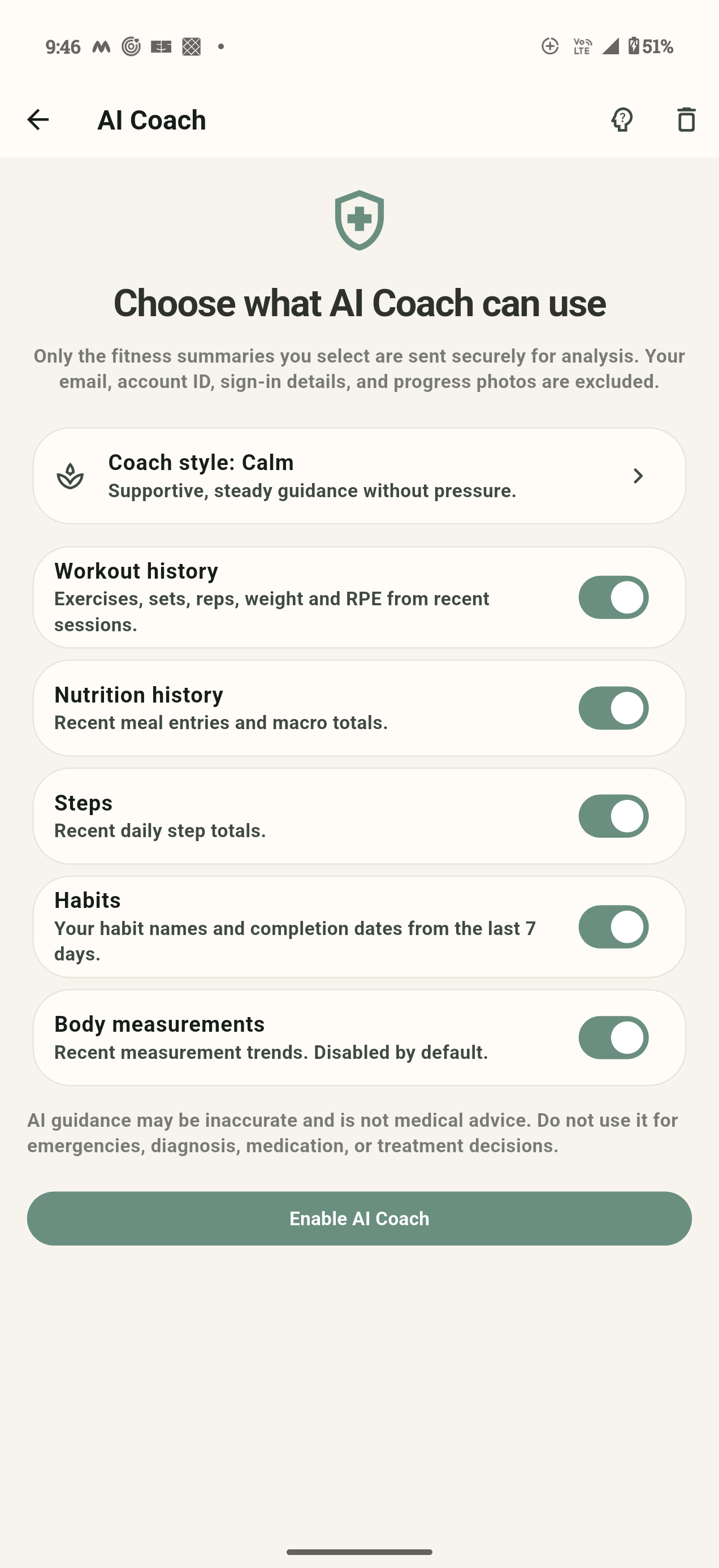 AI Coach consent controls for selecting fitness data categories