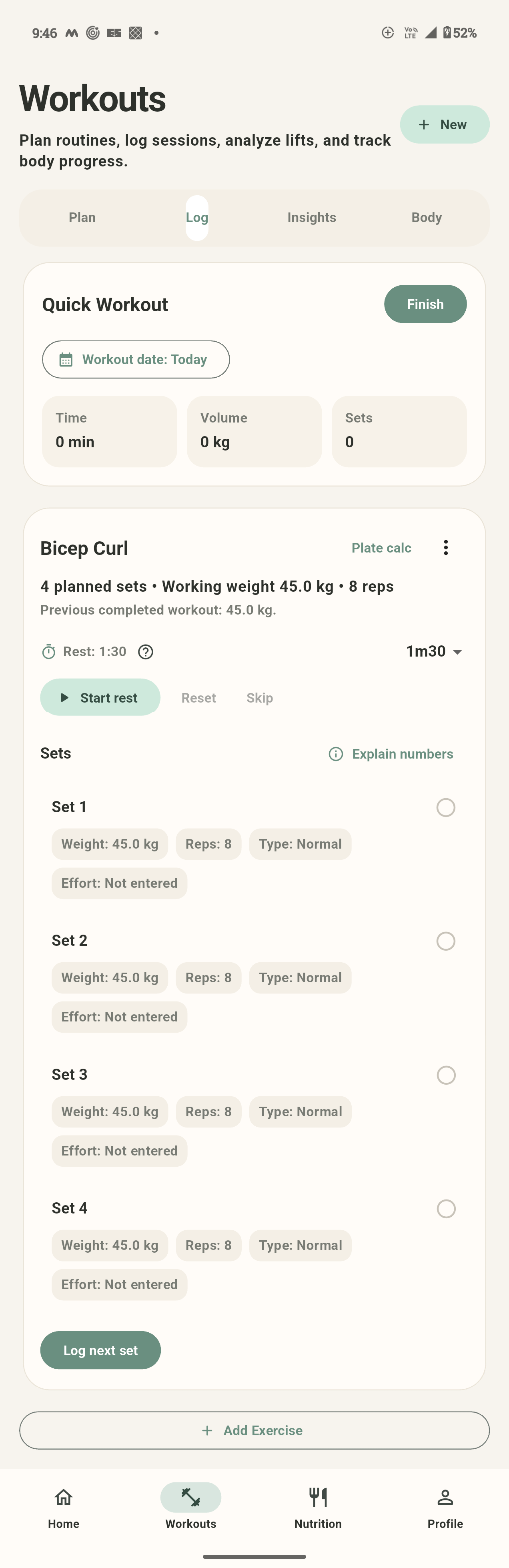 Live workout logger with planned sets and rest timer