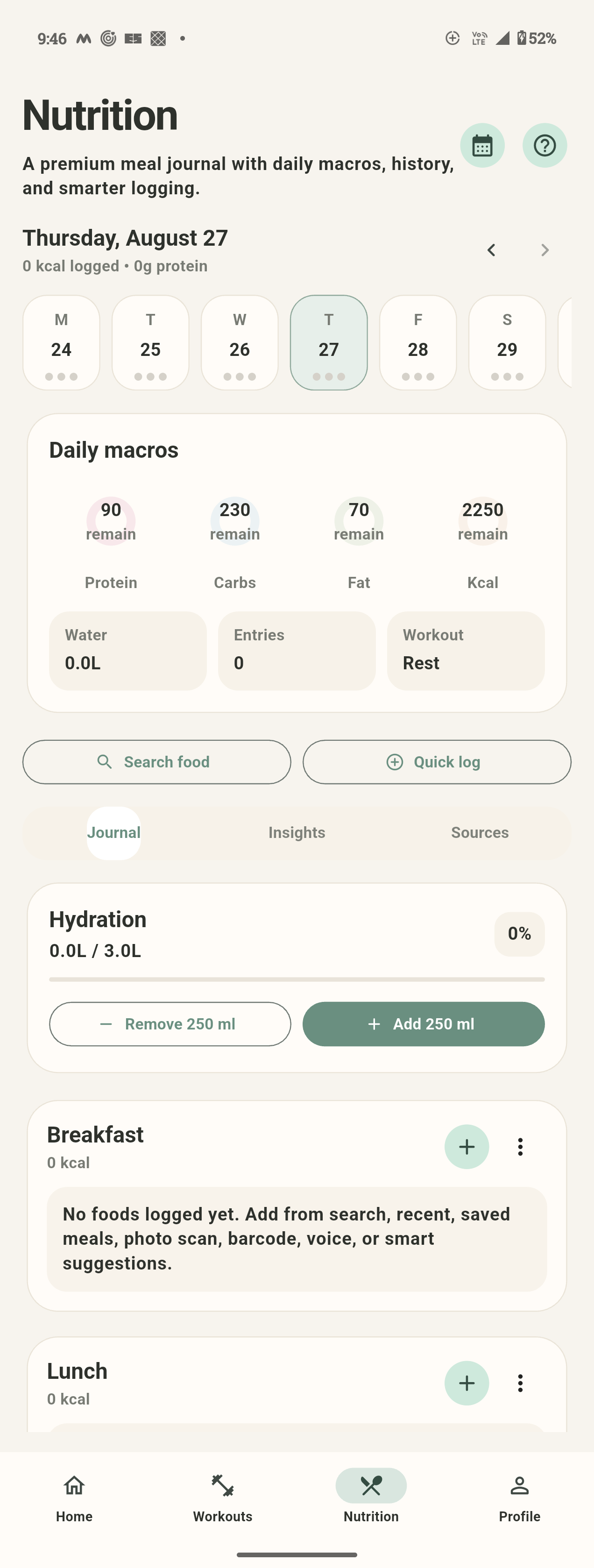 Nutrition journal with daily macros and hydration