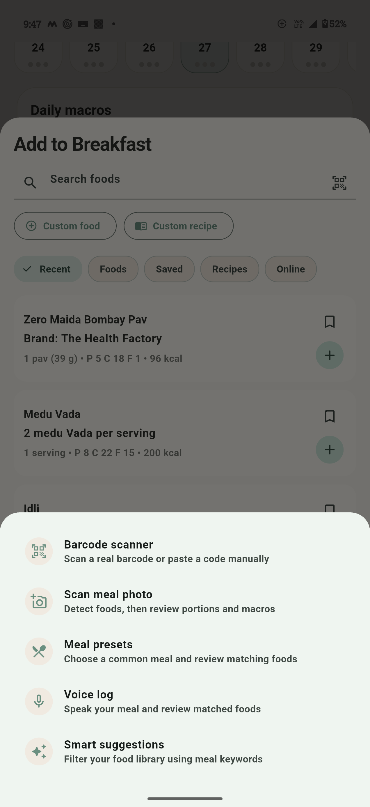 Smart nutrition logging options